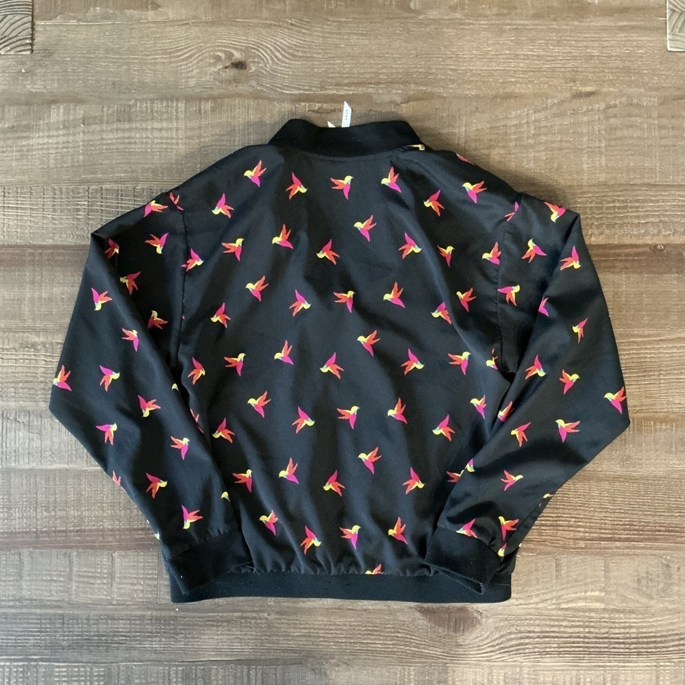 Bellatrix Colorful Hummingbird Print Black Bomber Jacket Zip Up - Picture 5 of 5